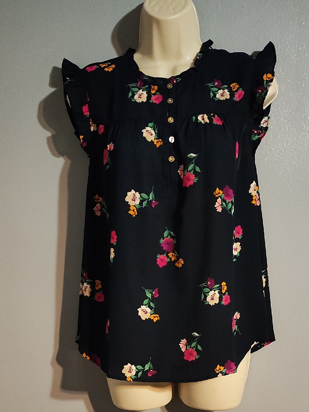 Anne Klein Women's Navy Blue Floral Ruffle Cap-Sleeve Blouse